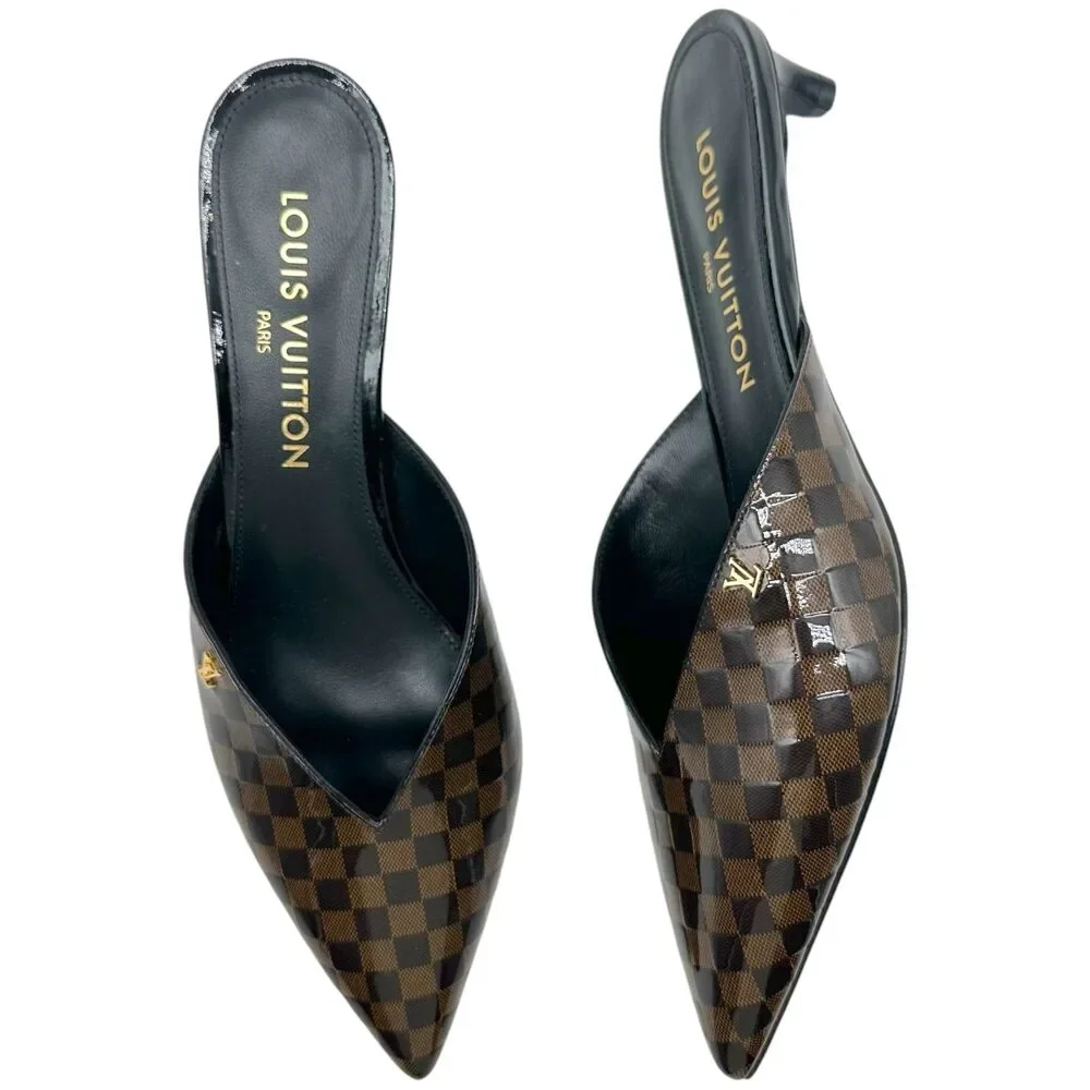 Louis Vuitton Damier Ebene Patent Pointed Toe Kitten Heel Mules